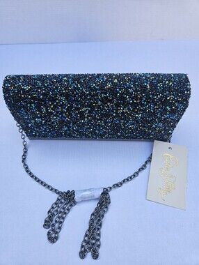 Estée & Lilly Black Iridescent Crystal Rhinestone Evening Clutch Chain Bag NWT